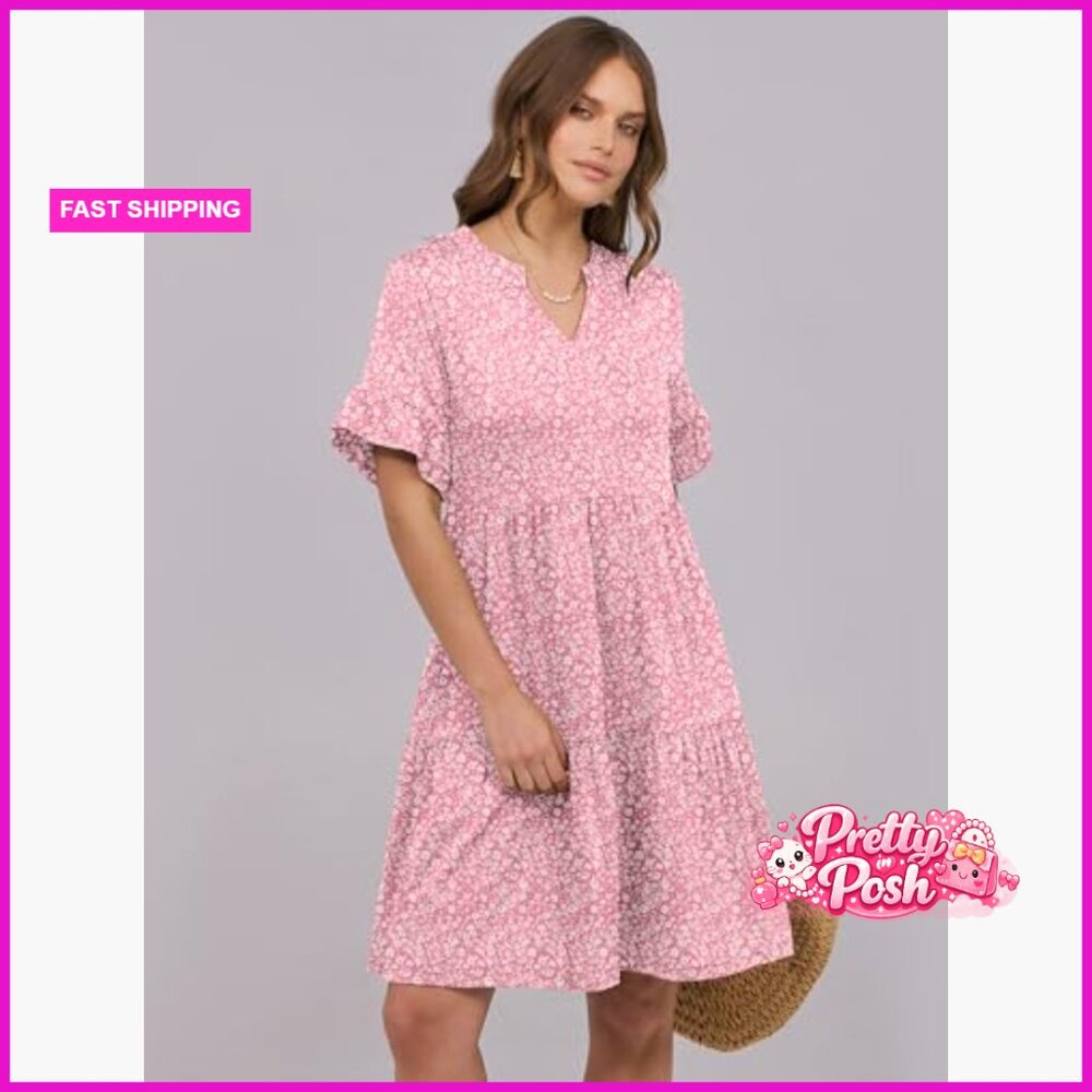 Polyester Elastane V Neck Ruffle Sleeve A Line Mi… - image 3